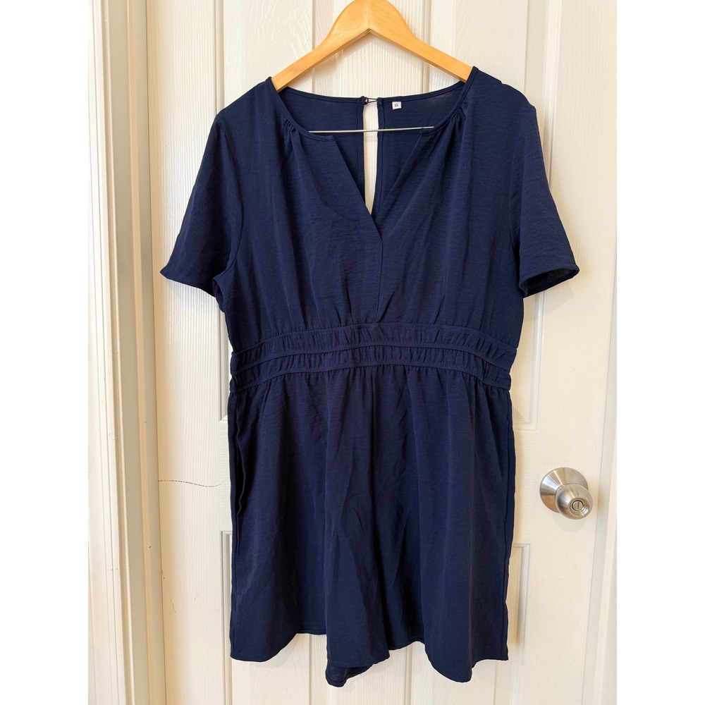 Navy Blue Short Sleeve V-Neck Smocked Waist Romper‎ XL